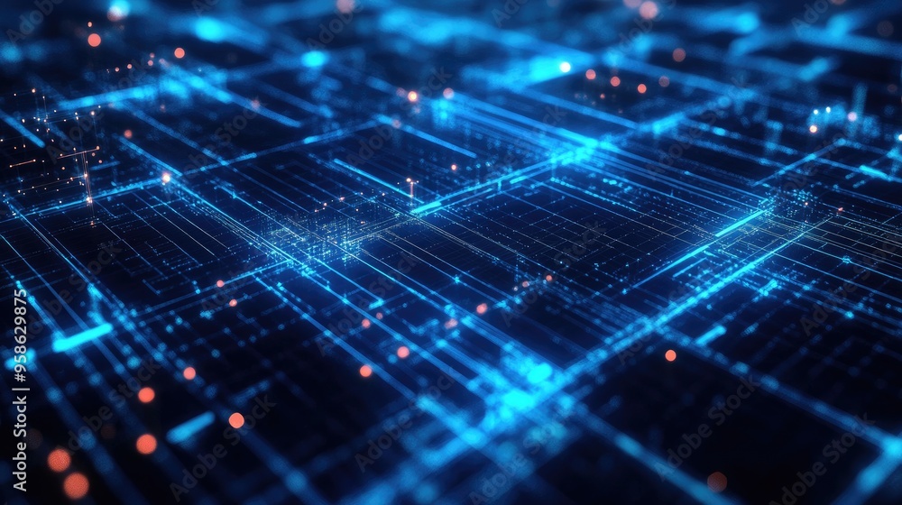 Abstract digital grid with glowing blue lines, creating a dynamic and futuristic technological atmosphere. Abstract digital grid with glowing blue lines, creating a dynamic and futuristic technological atmosphere.