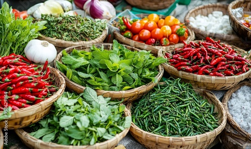 A vibrant display of fresh produce in woven baskets at a market stall. photo