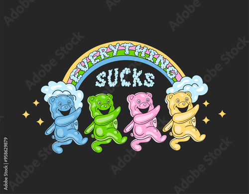 gummy bears walking under rainbow, t-shirt print, psychedelic funny