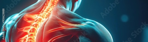 Detailed illustration of a human spine, highlighting muscular structure and anatomy with glowing effects against a dark background.