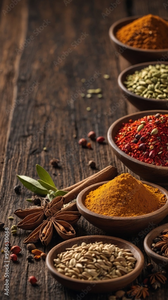 Spices and Seeds Scattered on Wooden Surface. Spices and Seeds Scattered on Wooden Surface.