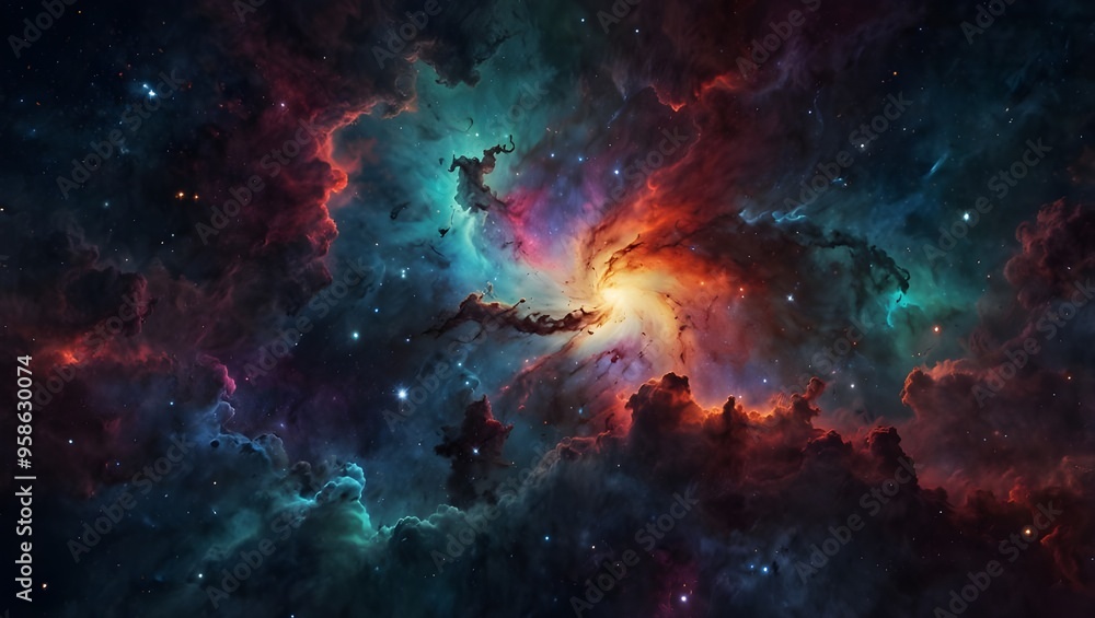 A colorful nebula with stars and gas clouds in space. A colorful nebula with stars and gas clouds in space.