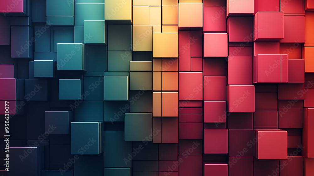 Colorful abstract arrangement of 3D cubes creating a vibrant gradient pattern in a modern artistic setting Colorful abstract arrangement of 3D cubes creating a vibrant gradient pattern in a modern artistic setting