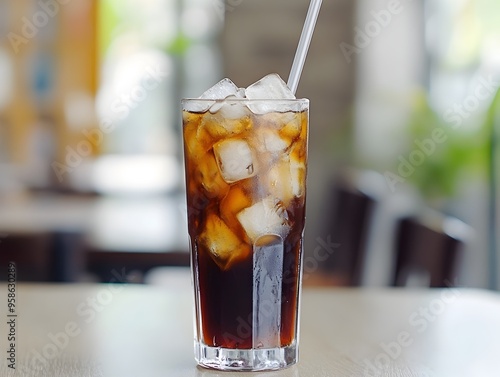 Tall Glass of Iced American Coffee in Modern Caf Setting with Minimalist Design