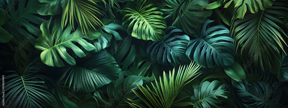 A background of dark green palm leaves with vibrant colors, creating an exotic and lush atmosphere A background of dark green palm leaves with vibrant colors, creating an exotic and lush atmosphere
