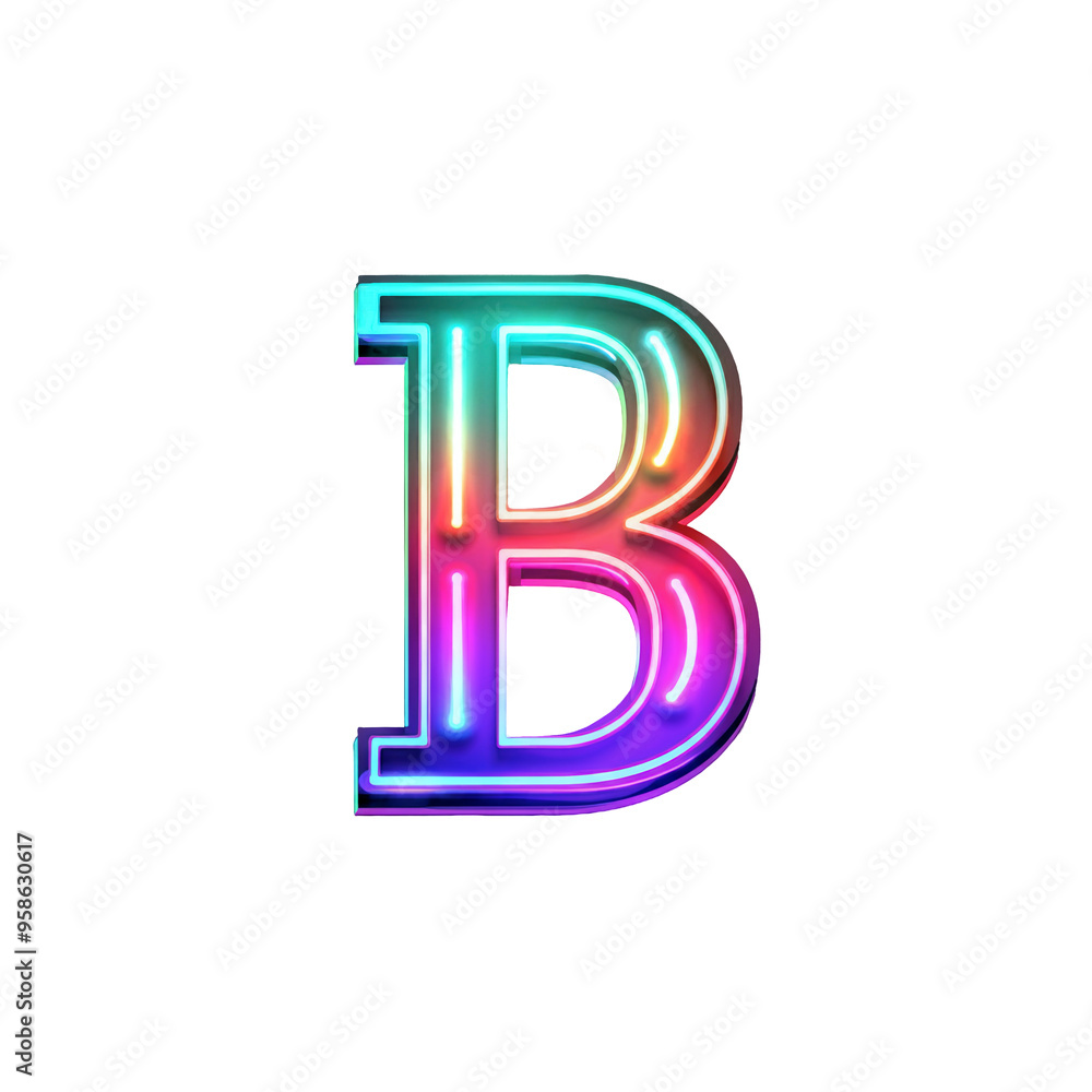 Retro 80s Neon Letter B illuminated with vivid colors on a transparent backdrop Retro 80s Neon Letter B illuminated with vivid colors on a transparent backdrop