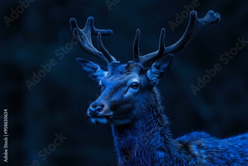 A captivating image of a majestic stag bathed in deep blue light, highlighting its antlers and creating a mystical atmosphere. Perfect for themes of wildlife, night, and nature's elegance. photo