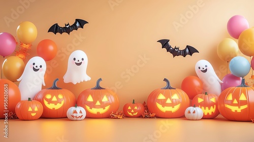 Colorful Halloween scene featuring balloons, carved pumpkins, and playful ghosts against a warm orange backdrop.