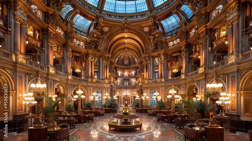 A grand and opulent interior view of a magnificent historical building with intricate architectural details and luxurious furnishings illuminated by warm, ambient lighting