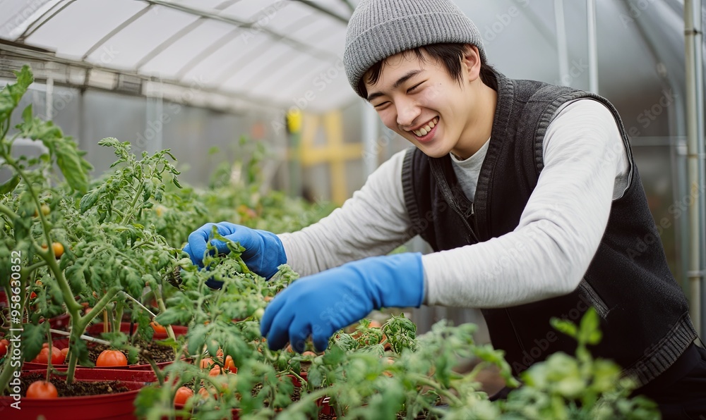 A young man smiles as he tends to tomato plants in a greenhouse. A young man smiles as he tends to tomato plants in a greenhouse.