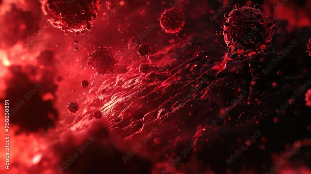 Abstract representation of viral cells in a dark and vivid red environment, showcasing the complexity of microscopic life. Abstract representation of viral cells in a dark and vivid red environment, showcasing the complexity of microscopic life.