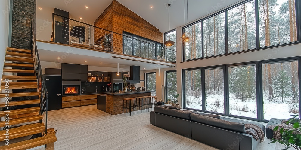 Naklejka premium Stunning modern living room interior with high ceilings, extensive windows showcasing a snowy forest view, and a mezzanine level above a sleek kitchen