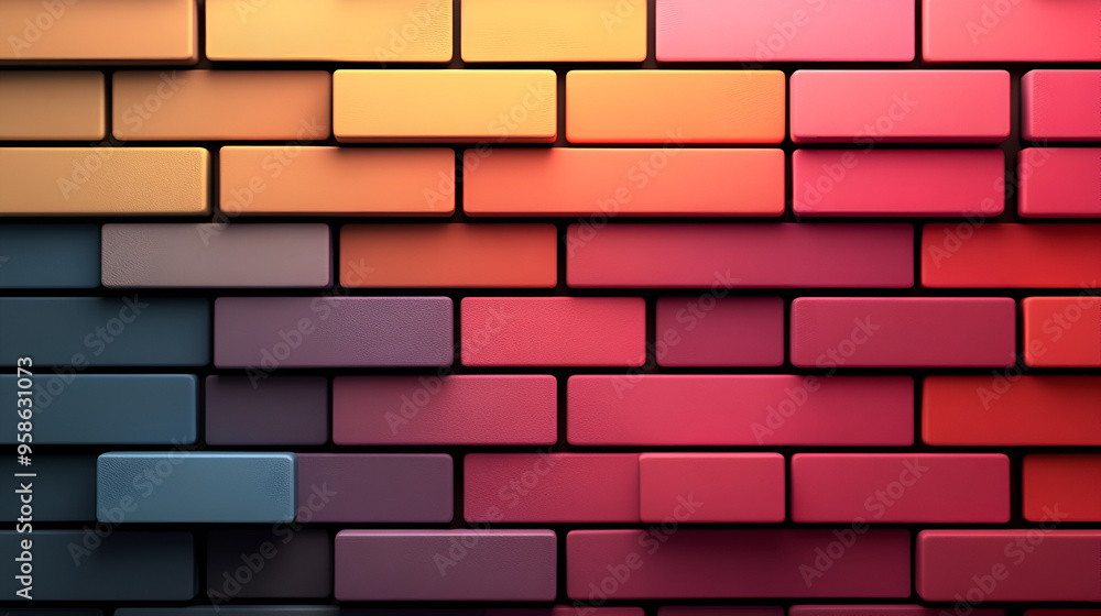 Obraz premium Colorful gradient brick wall showcasing a blend of vibrant shades from dark to light at sunset