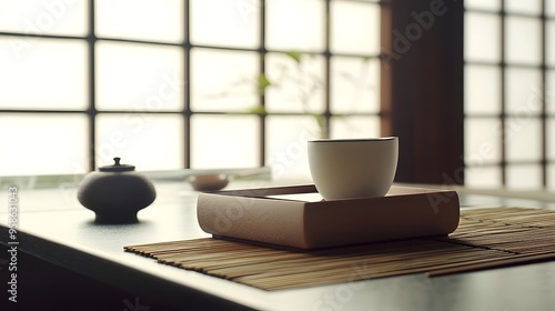 Smooth Japanese Sake in Traditional Masu Box with Minimalist Table Setting