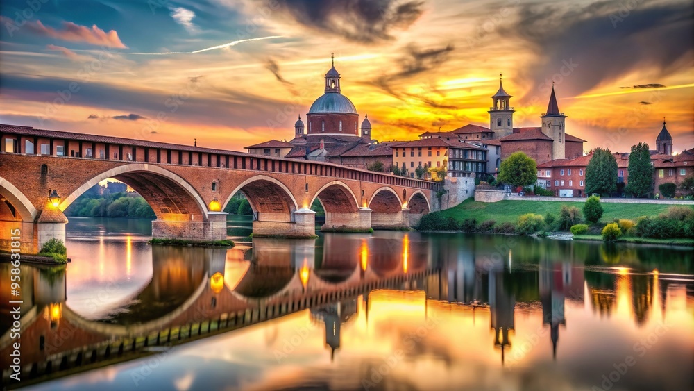 Panorama of a beautiful covered bridge at sunset with the magnificent Pavia cathedral in the background creating a stunning image with a shallow depth of field, water, scenic Panorama of a beautiful covered bridge at sunset with the magnificent Pavia cathedral in the background creating a stunning image with a shallow depth of field, water, scenic