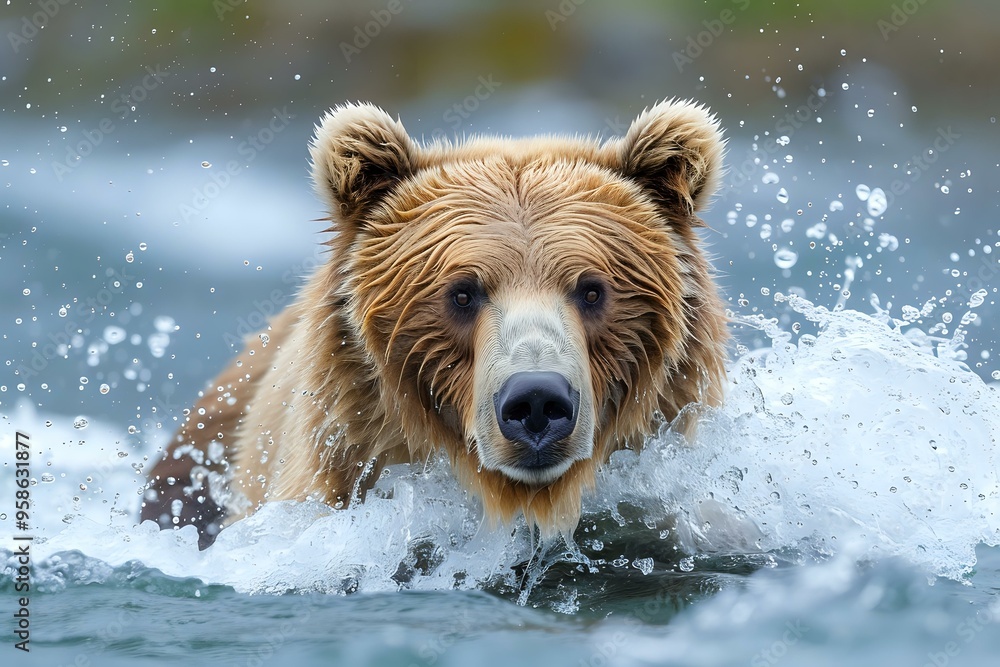 A dynamic shot of a brown bear charging through water, droplets flying around as it moves with determination. Ideal for wildlife photography, nature exploration, and predator-themed projects. A dynamic shot of a brown bear charging through water, droplets flying around as it moves with determination. Ideal for wildlife photography, nature exploration, and predator-themed projects.
