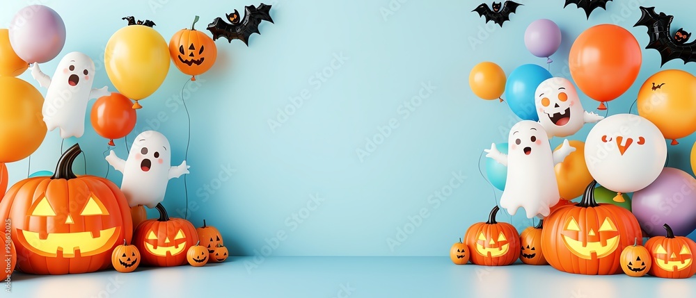 A vibrant Halloween scene with colorful balloons, playful ghosts, and glowing pumpkins, perfect for festive celebrations. A vibrant Halloween scene with colorful balloons, playful ghosts, and glowing pumpkins, perfect for festive celebrations.