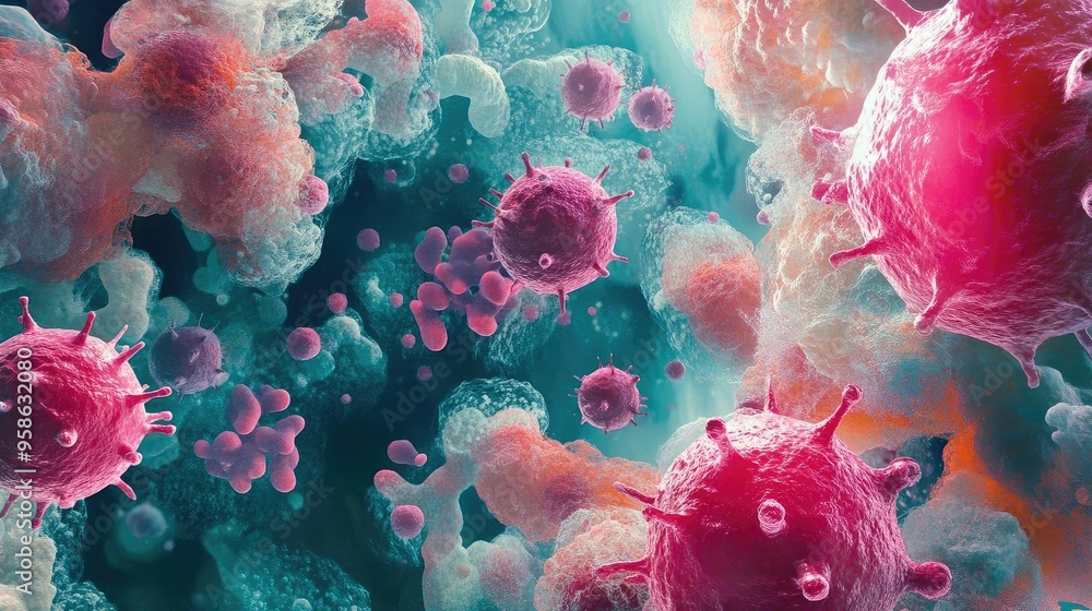 Obraz premium A vibrant depiction of microorganisms in a colorful microscopic world, showcasing their intricate structures and dynamic environment.