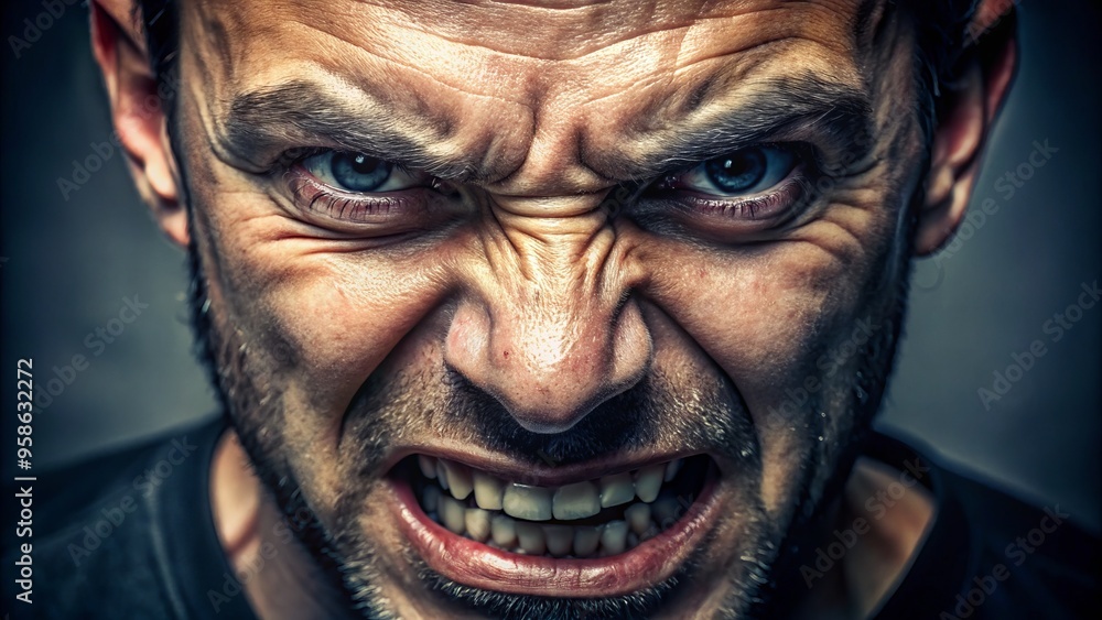Fierce and menacing facial expression with bared teeth, scrunched eyebrows, and furrowed forehead, conveying intense Fierce and menacing facial expression with bared teeth, scrunched eyebrows, and furrowed forehead, conveying intense