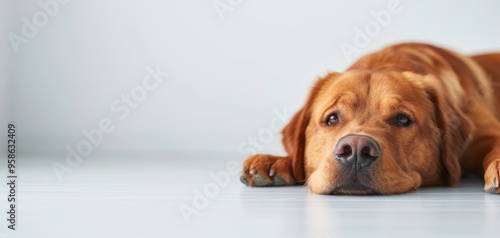 A brown dog lays on a white floor