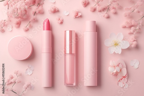 Pink Cosmetics and Flowers on Pastel Background