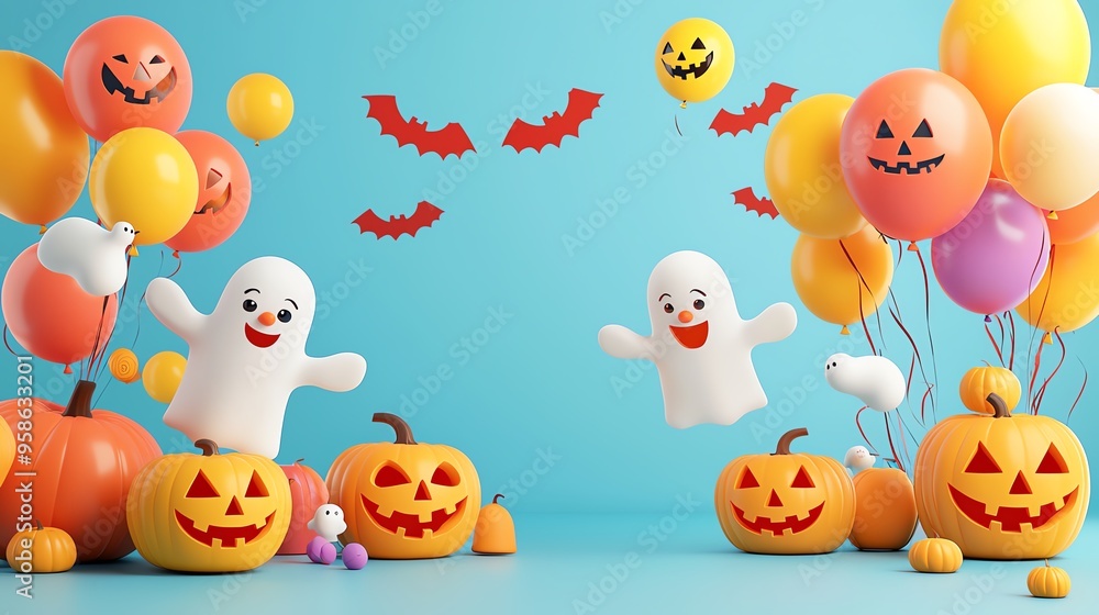 Naklejka premium A cheerful Halloween scene with friendly ghosts and festive pumpkins, perfect for seasonal celebrations and decorations.