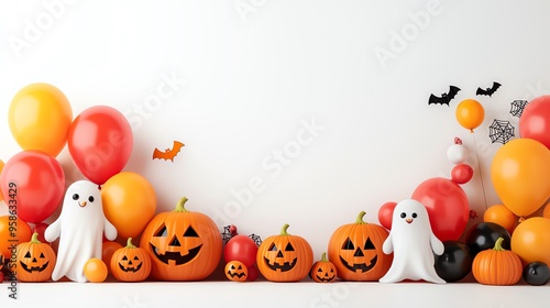 Colorful Halloween decorations featuring pumpkins, balloons, and cute ghosts to celebrate the spooky season.