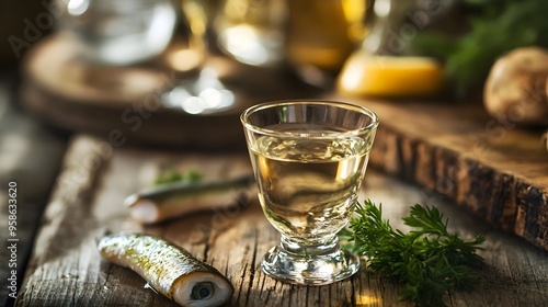 Vibrant Danish Snaps and Herring Served in a Rustic Wooden Setting
