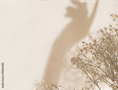 The background, a postcard, is a soft and minimalist composition that shows the shadow of a person's hand on a light beige background. In one corner are delicate white flowers or plants, adding a touc photo