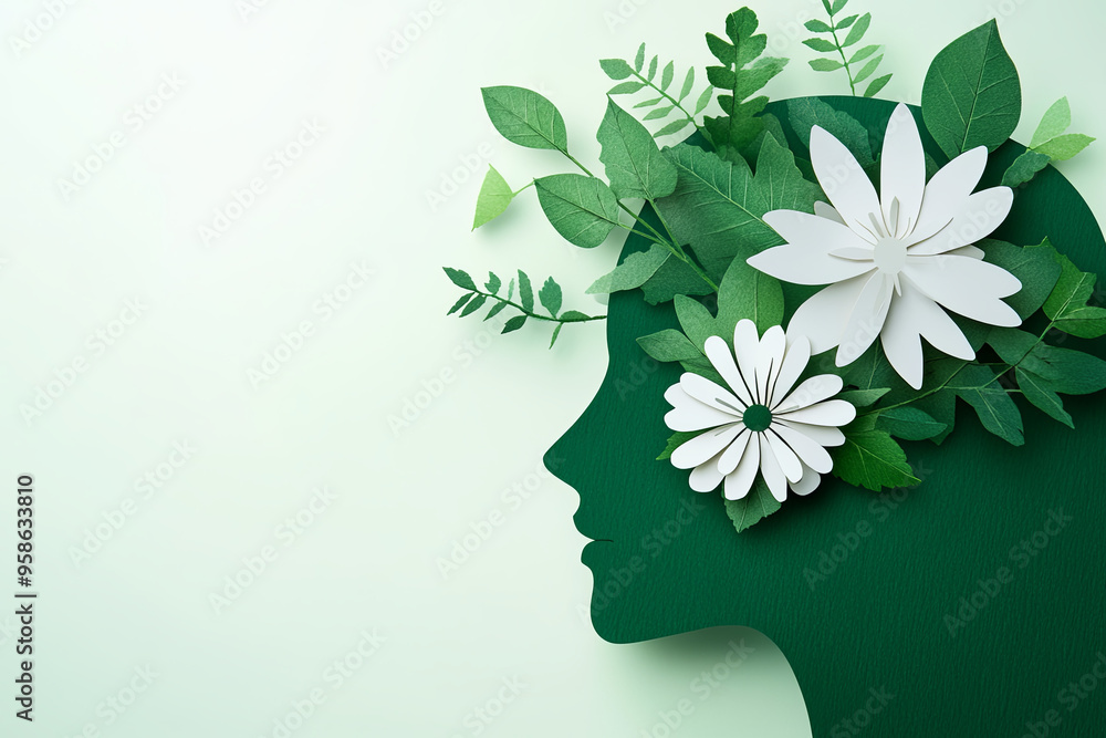 Papercut head with green leaves and flowers. Mental health, emotional wellness, contented emotions, self care, psychology, green thinking, ecology concept Papercut head with green leaves and flowers. Mental health, emotional wellness, contented emotions, self care, psychology, green thinking, ecology concept
