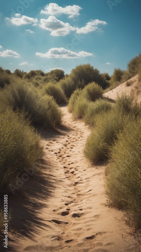 Sunny sandy path with lush green bushes under a bright blue sky with clouds. photo