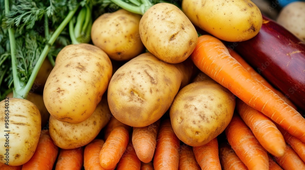 A Bountiful Harvest of Potatoes, Carrots and Eggplant A Bountiful Harvest of Potatoes, Carrots and Eggplant