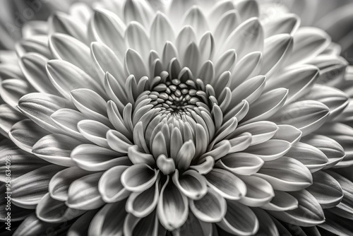 A close up black and white photo of a stunning cremone chrysanthemum flower with intricate leading lines on its petals, botanical art, symmetrical, contrast, abstract photo