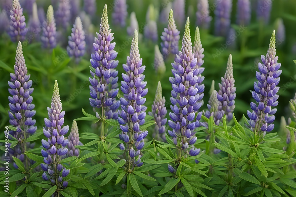 Purple lupines with tall spire like blooms and green leaves, AI Generated Purple lupines with tall spire like blooms and green leaves, AI Generated