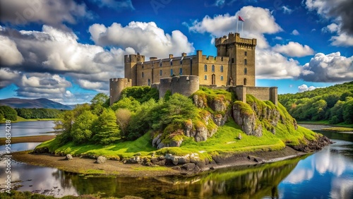 Dunvegan Castle a majestic and symmetrical fortress situated on the breathtaking Isle of Skye Scotland, isle, symmetrical, tourism, attraction, stone, Isle of Skye, travel, landmark, moat photo