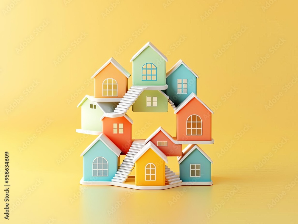 3D isometric houses with stair-like arrangements, illustrating the steady rise in housing demand 3D isometric houses with stair-like arrangements, illustrating the steady rise in housing demand