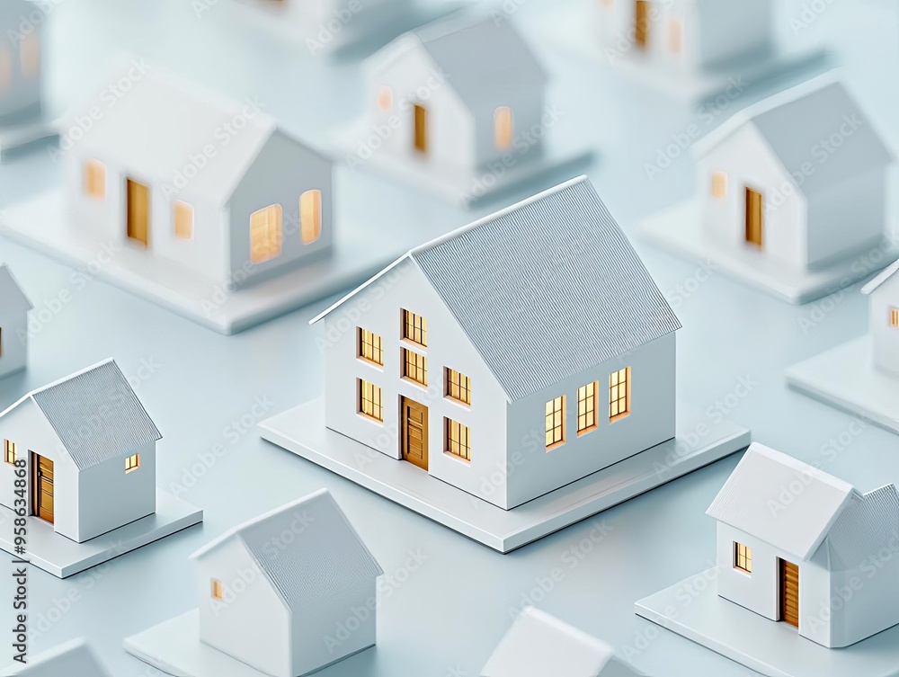 3D minimalist housing models with a spotlight effect, representing focus areas in high-demand markets 3D minimalist housing models with a spotlight effect, representing focus areas in high-demand markets
