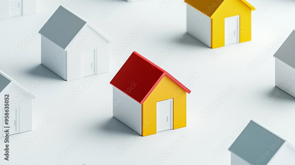 A cluster of 3D minimalist homes, one highlighted in vibrant color to represent peak housing demand A cluster of 3D minimalist homes, one highlighted in vibrant color to represent peak housing demand