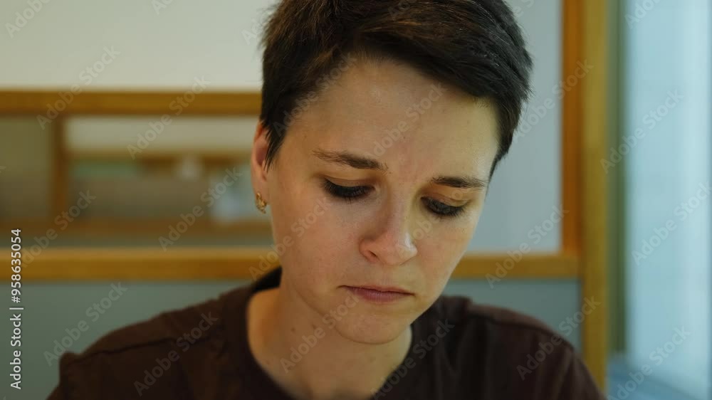 Young woman's hands take French fries, then dips a piece into the sauce and eats it. Close up view. Girl with stylish short haircut eats fast food in cafe Young woman's hands take French fries, then dips a piece into the sauce and eats it. Close up view. Girl with stylish short haircut eats fast food in cafe