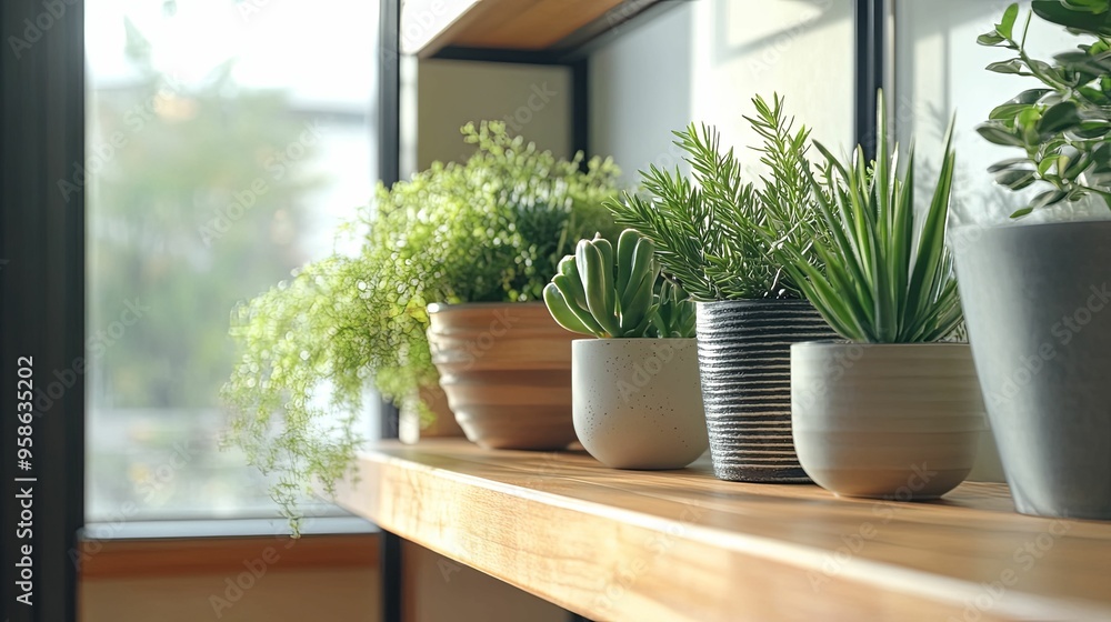 Green Plants in Pots on Wooden Shelf by Window Green Plants in Pots on Wooden Shelf by Window