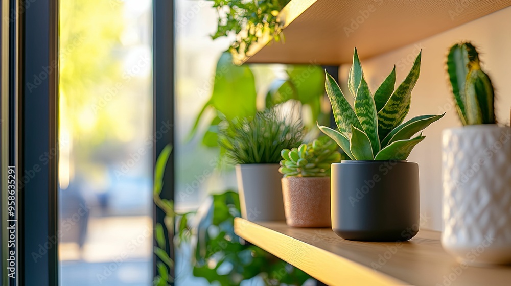 Potted Plants on a Wooden Shelf by a Window Potted Plants on a Wooden Shelf by a Window