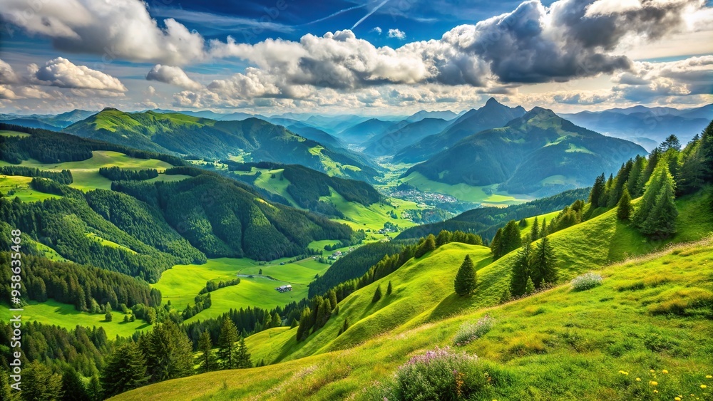 Obraz premium slopes, grass, environment, tranquility, mountain, nature, view, scenery, breathtaking, hills, Green meadow on a mountain slope with a breathtaking view of nature from a high angle