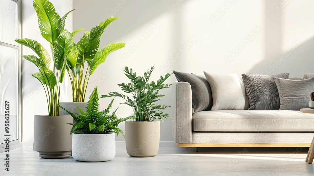 Living Room Interior with Plants and a White Sofa Living Room Interior with Plants and a White Sofa