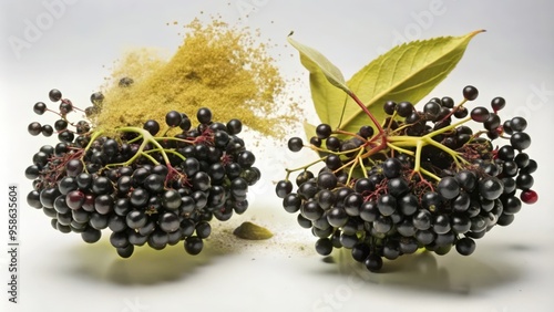 Two Clusters of Black Elderberries with Green Leaf and Powdered Elderflower