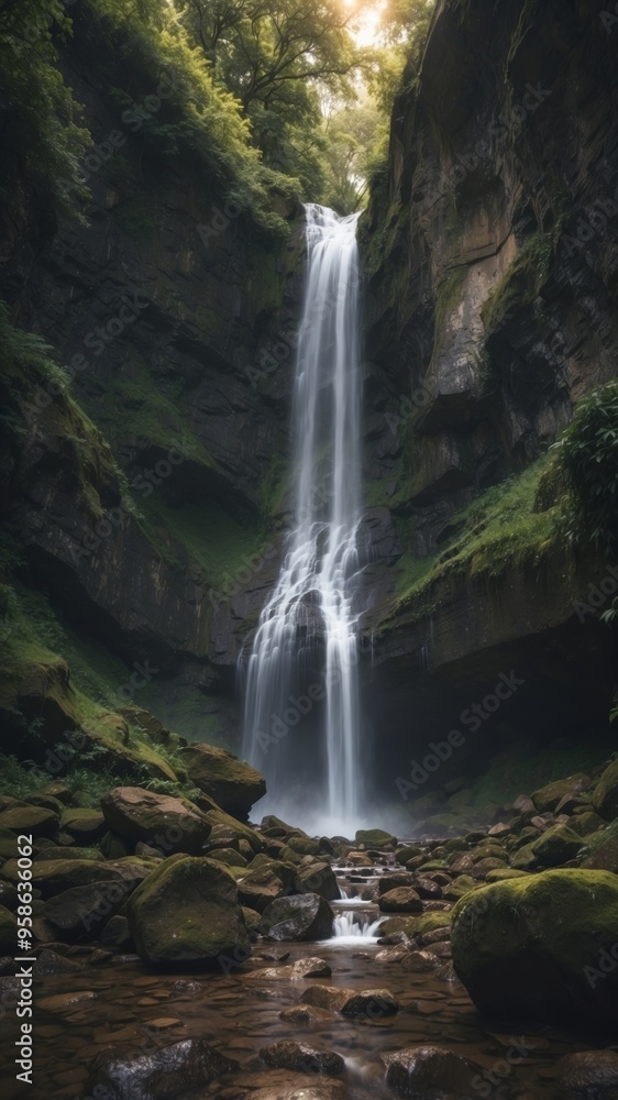 Majestic Waterfall Cascading Over Rocks Surrounded by Lush Green Forest in Early Morning Light. Majestic Waterfall Cascading Over Rocks Surrounded by Lush Green Forest in Early Morning Light.