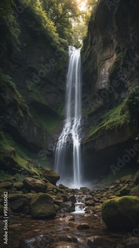 Majestic Waterfall Cascading Over Rocks Surrounded by Lush Green Forest in Early Morning Light.