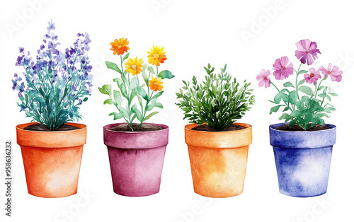 Fototapeta Naklejka Na Ścianę i Meble -  Beautiful watercolor illustration of potted plants with colorful flowers in terracotta and ceramic pots, perfect for home decor and gardening themes.
