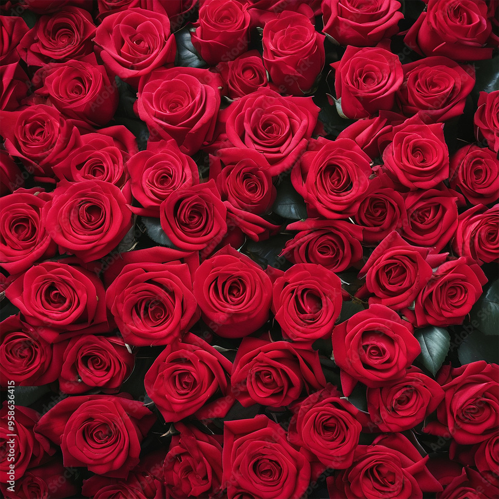Top view of a sea of red roses at a high angle, brings out the affection of Valentine's Day. Top view of a sea of red roses at a high angle, brings out the affection of Valentine's Day.