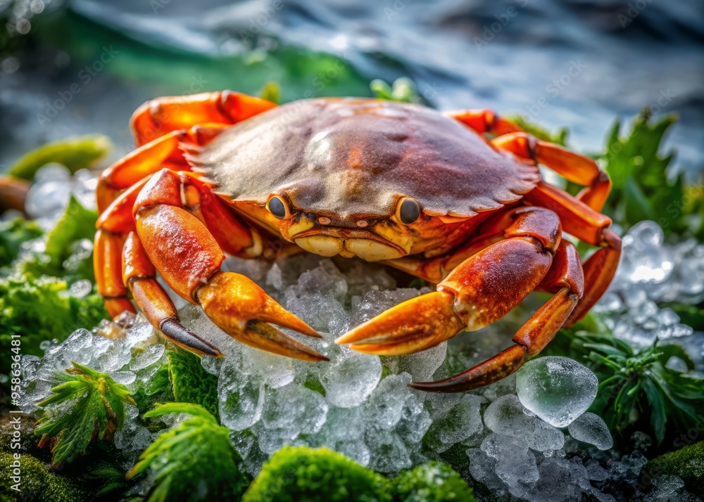 Freshly caught centolla crab sits on a bed of ice, its vibrant orange shell glistening with dew, surrounded Freshly caught centolla crab sits on a bed of ice, its vibrant orange shell glistening with dew, surrounded