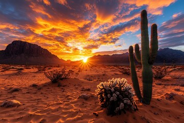 Crédence de cuisine Rouge A stunning sunrise illuminates a desert landscape featuring a prominent cactus, bushes, and distant mountains, creating a vibrant and scenic natural view.  © DKPhoto